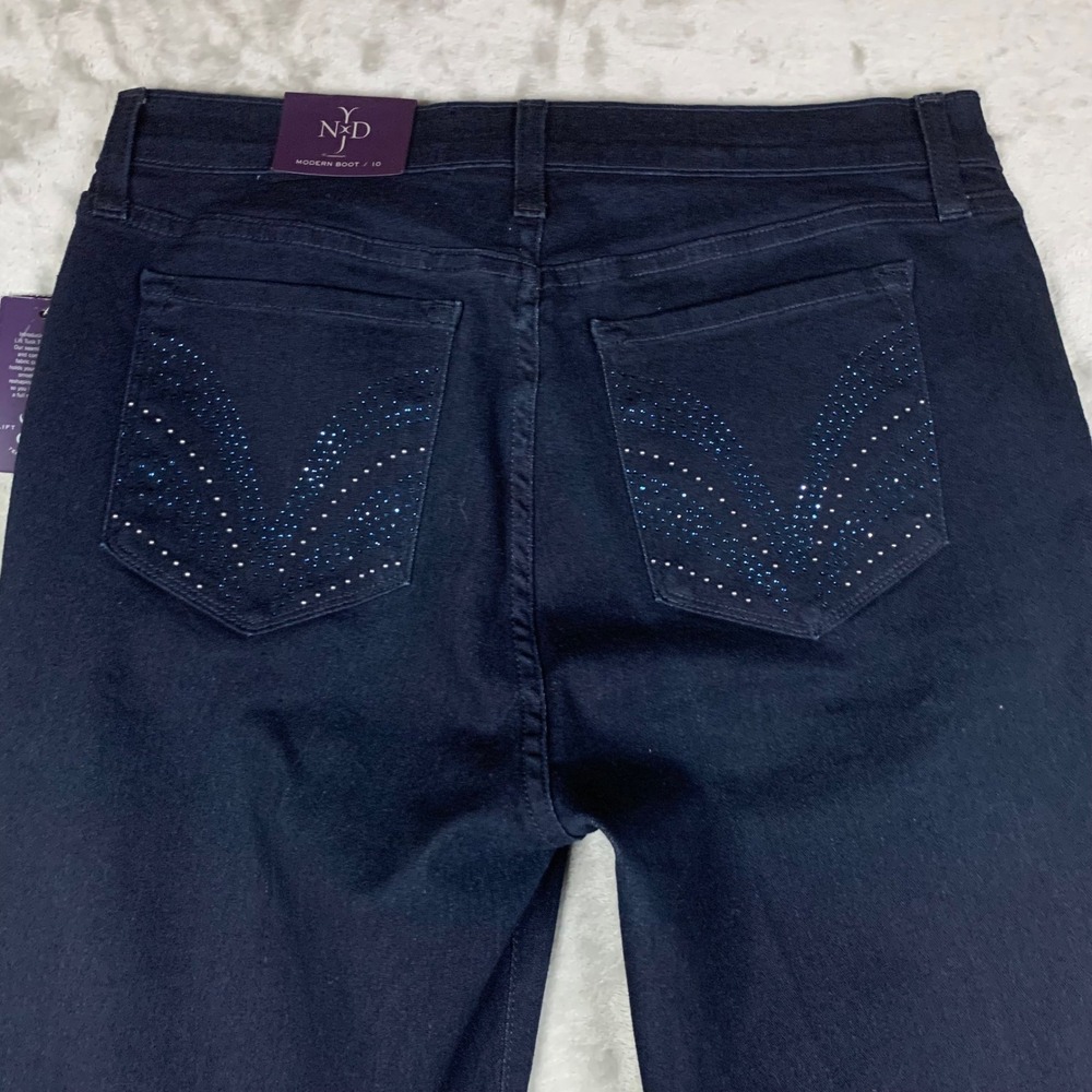 NYDJ Modern Bootcut Jeans Womens 10 Dark Blue 31x31 Rhinestone Lift Tuck NWT USA - Picture 2 of 13